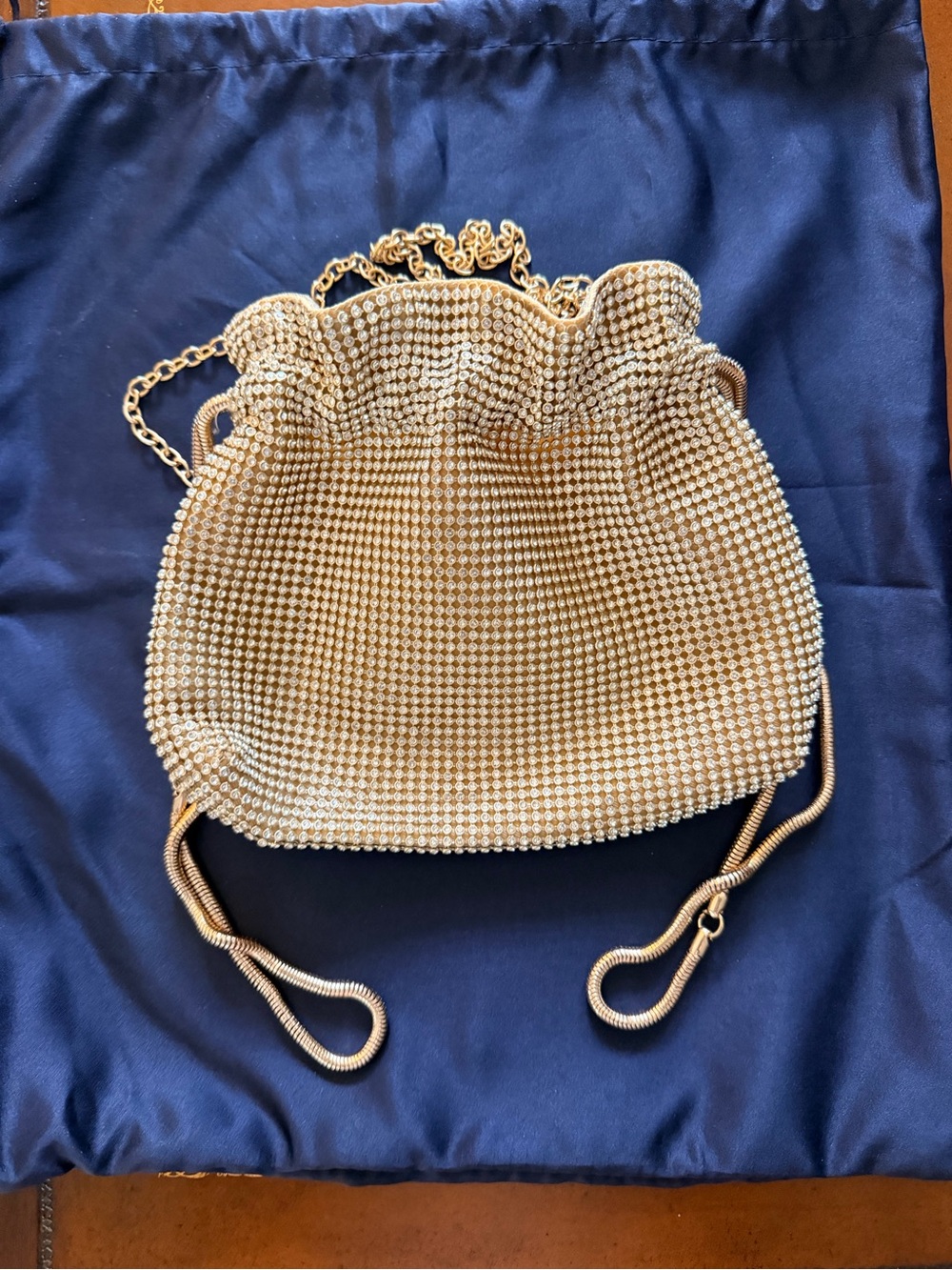 Jessica McClintock Gold Crystal Like Mesh Drawstring Mini Bag